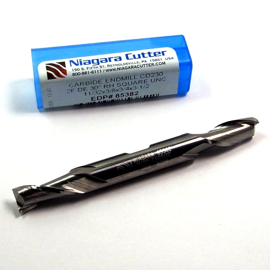 11/32"  Niagara Cutter 85382 Carbide Square Double End Mill 2FL 3-1/2" OAL