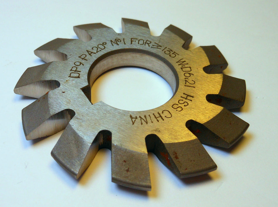 Single Involute Gear Cutter 9 Pitch 20 Deg No. 1 HSS 1" Arbor