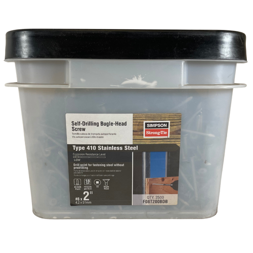 Simpson F08T200BDB #8 x 2" 410 SS Self-Drilling Bugle-Head Screw (Box of 2500) -0