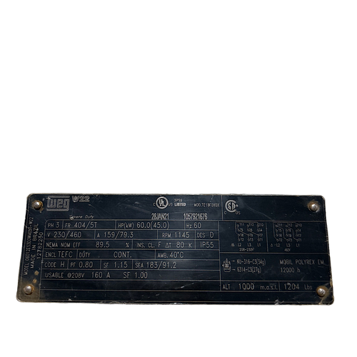 WEG 06012ES3EOW405T-W22 60HP 6P 3PH 208-230/460V Oil Well Pump Electric Motor -2