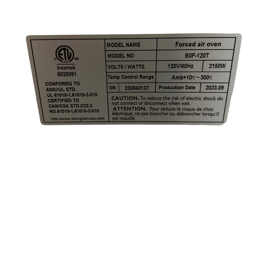 Being BOF-120T 4.2 cu ft 2050W 120V 18.6A 60Hz Forced Air Drying Oven -3