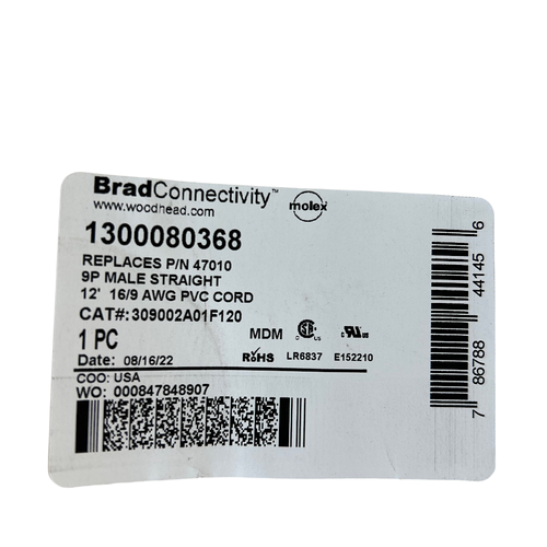 Woodhead 309002A01F120 12' 600V 7A 9 Poles Mini-Change Single-Ended Cordset1