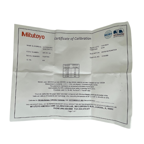 Mitutoyo 345-351-30  1" to 2"  Electronic Inside Micrometer CAL -8