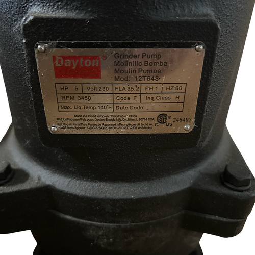 Dayton 12T648 5HP 240V 60 Hz 1PH 35.2A 3450 RPM PSC Cast Iron Grinder Pump -3
