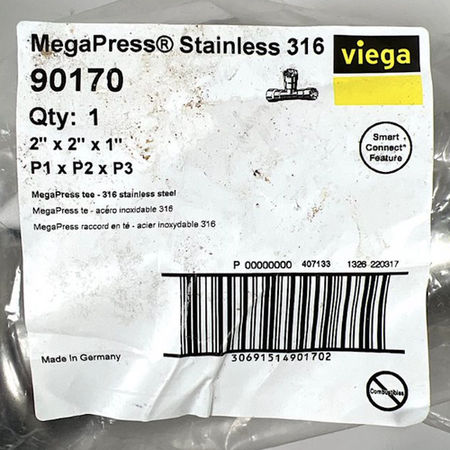 Viega 90170 2" x 2" x 1" Press-Fit 200 PSI 316 Stainless Steel Reducing Tee -1