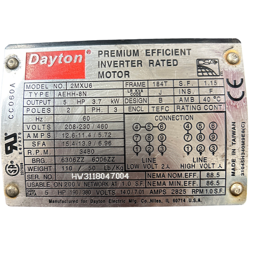 Dayton 2MXU6 5HP 3PH 3500 RPM 230/460V 12/6A 60 Hz General Purpose Motor -2