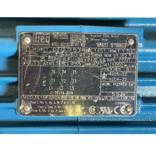 WEG 00112ET3H145T-W22 1HP 1160 RPM 3PH 575V TEFC General Purpose Motor -1