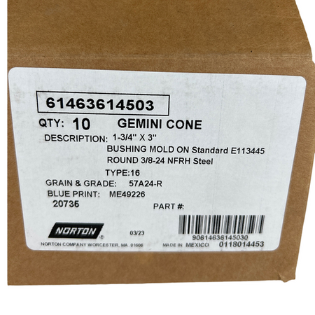 Norton 614636145037 1-3/4" x 3" 24 Grit Gemini Grinding Cone (Box of 10) -1