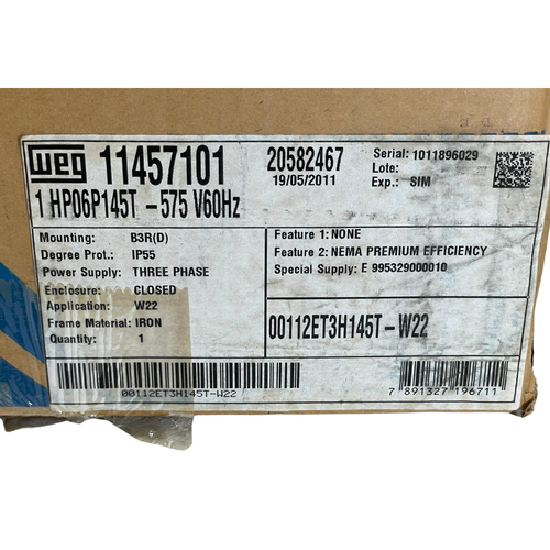 WEG 00112ET3H145T-W22 1HP 1160 RPM 3PH 575V TEFC General Purpose Motor -3