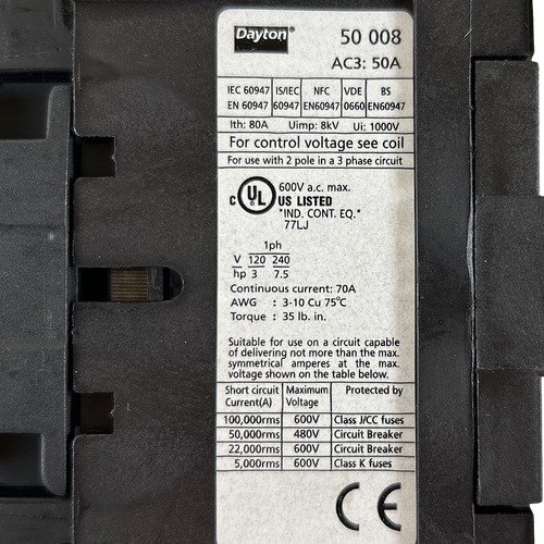 Dayton 6EAZ1 4P 50A 24V 50/60Hz Non-Reversing IEC Magnetic Contactor2