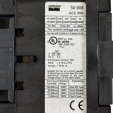 Dayton 6EAZ1 4P 50A 24V 50/60Hz Non-Reversing IEC Magnetic Contactor2