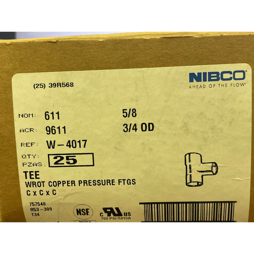 Nibco 611-5/8 5/8" x 5/8" x 5/8" Potable Water Wrot Copper Tee (Pack of 5) -1