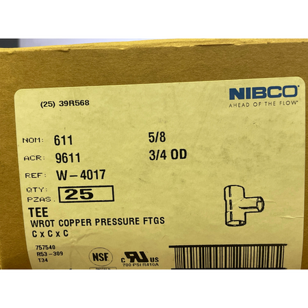 Nibco 611-5/8 5/8" x 5/8" x 5/8" Potable Water Wrot Copper Tee (Pack of 5) -1