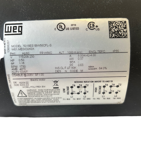WEG 5018ES1BW56 1/2HP 1800 RPM 1PH 115/208-230V TEFC General Purpose Motor -2