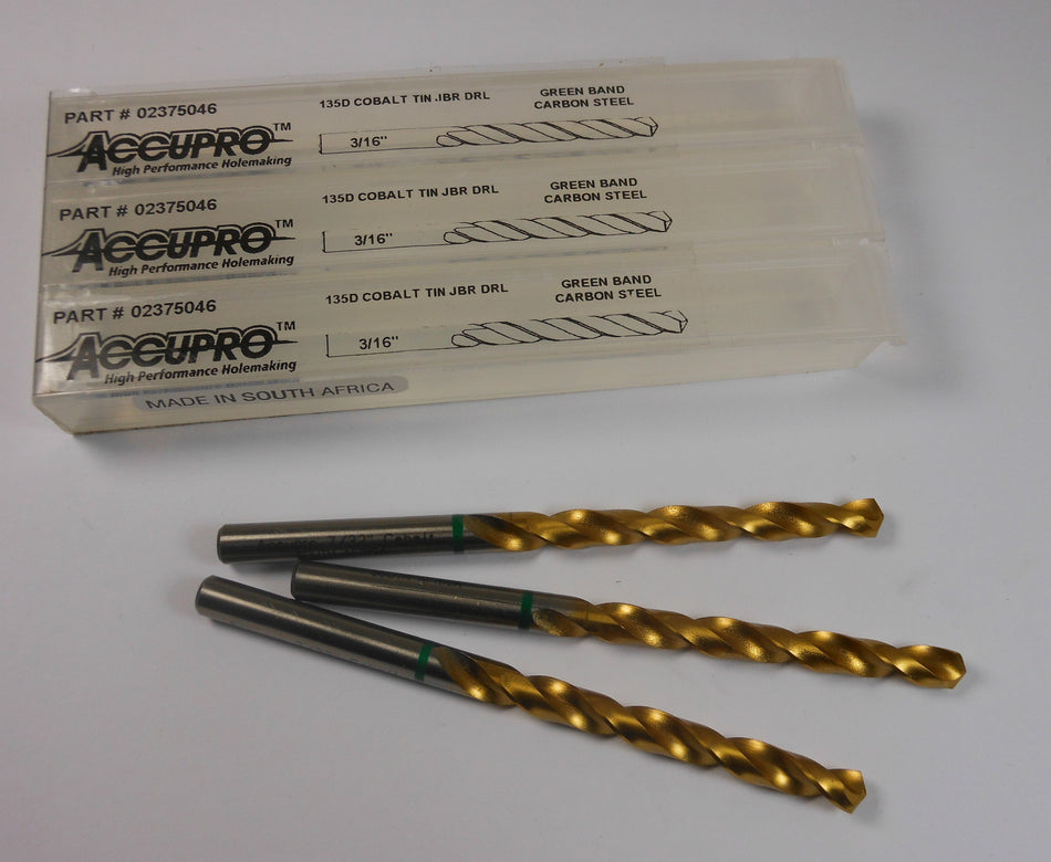 ACCUPRO Cobalt Jobber Drills 3/16" TiN 130° Green Band (3 Pcs)