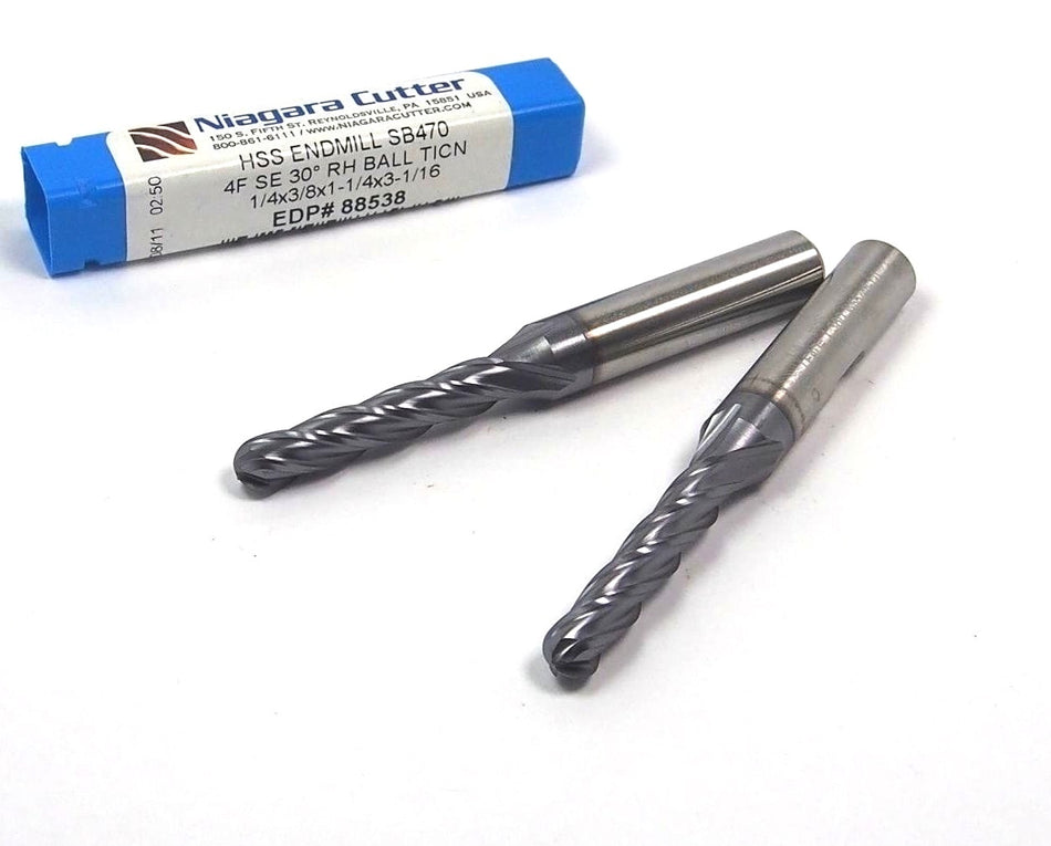 NIAGARA Ball End Mills 1/4" HSS TiCN 4FL 1-1/4" x 3-1/16" 88538 (2 Pcs)