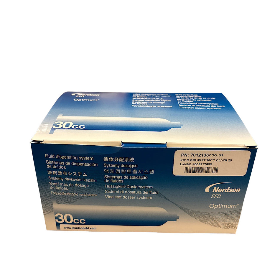 Nordson 7012136 30cc Clear Syringe Barrell & White Piston (Box of 20) -