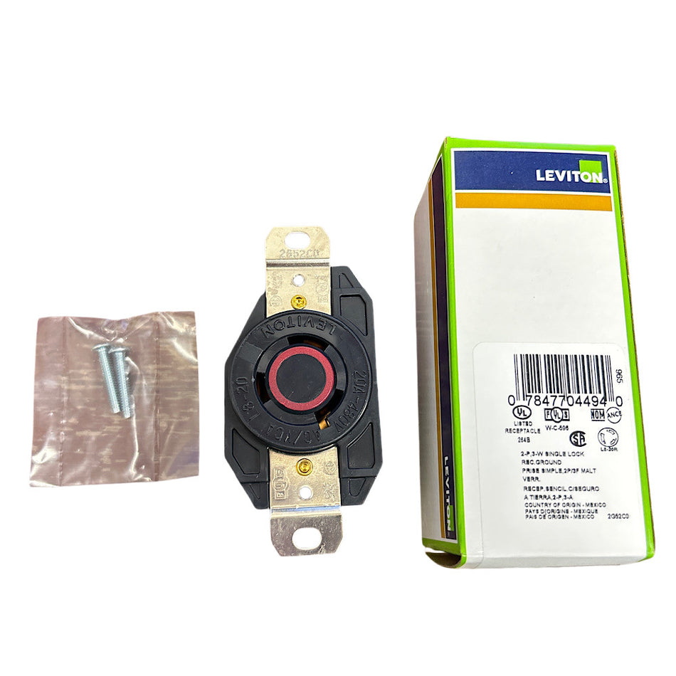 Leviton 2340 20A 480V 8-14AWG 2P Twist-Locking Receptacle (Box of 10)