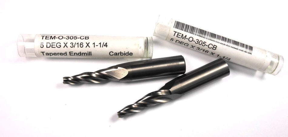 Tapered Carbide End Mills 3/16" 3FL 5° 1/2" x 1-1/4" x 3" (2 Pcs)