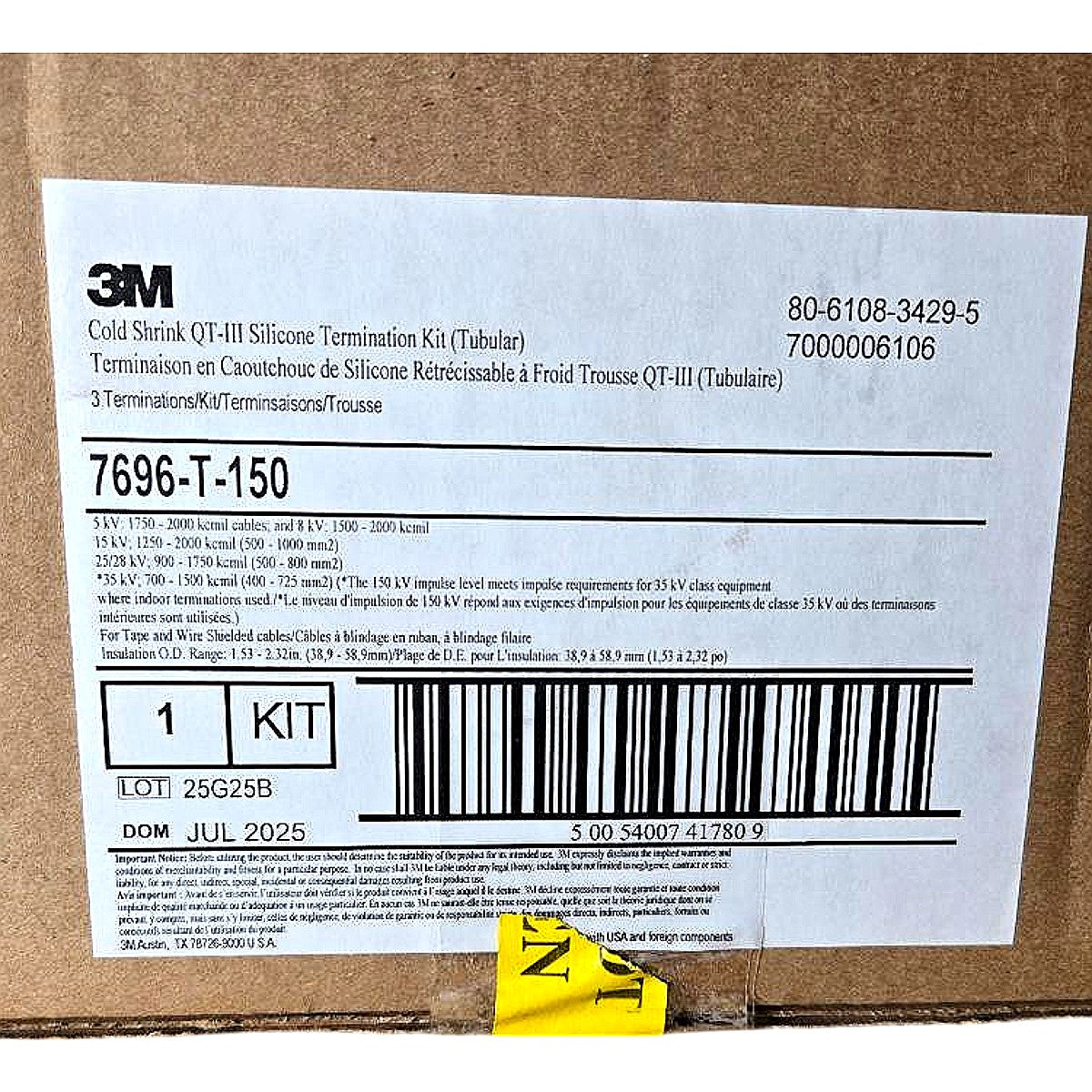 3M 7696-T-150 Cold Shrink Termination Kit