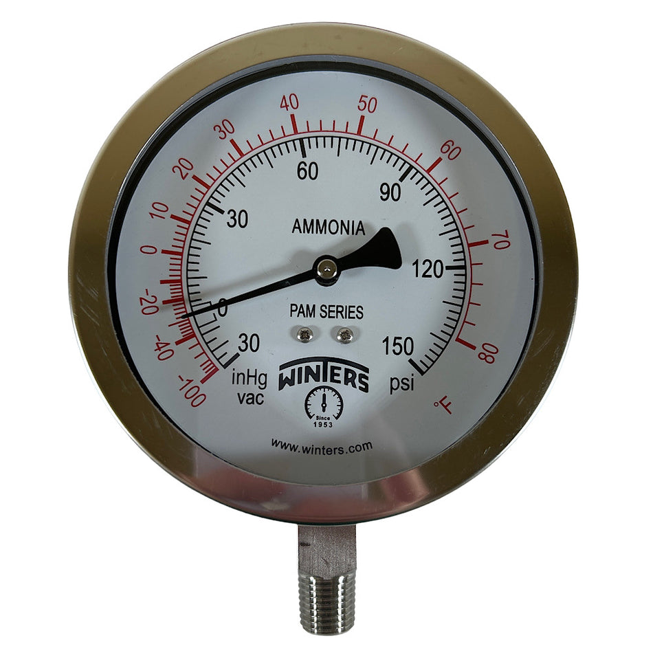 Winters PAM1701 1/4" NPT 4" Dial -30/0/150 PSI/F 304 SS Ammonia Gauge