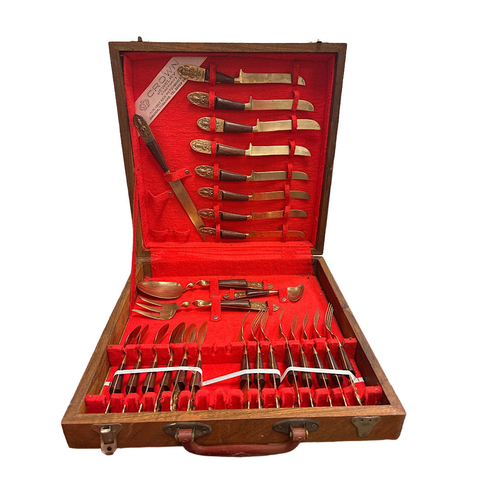 Crown Jewelry Brass Flatware with Rosewood Handles Cutlery Set -