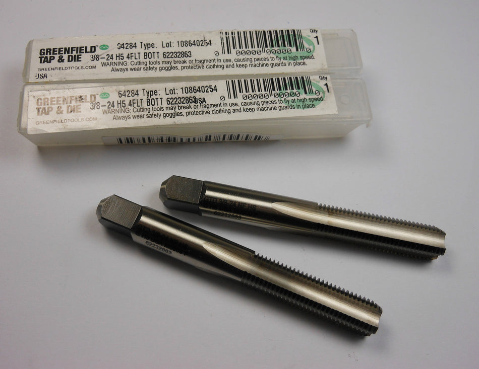 GREENFIELD Bottoming Hand Taps 3/8-24 H5 4FL HSS UNF 64284 (2 Pcs)