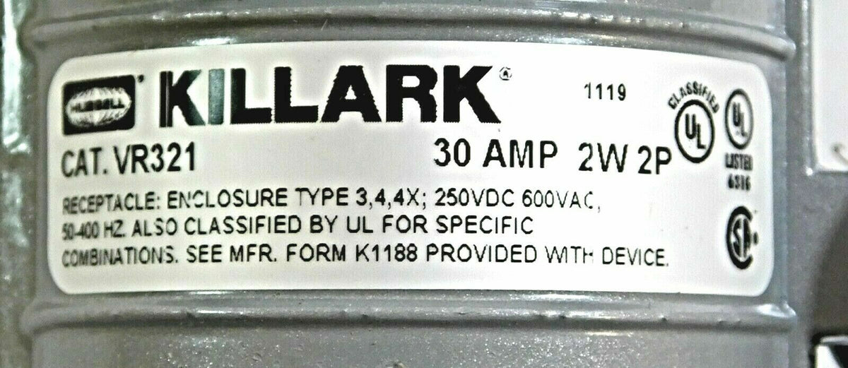Killark VR321 Pin & Sleeve Receptacle 30A 600V Versamate Series8
