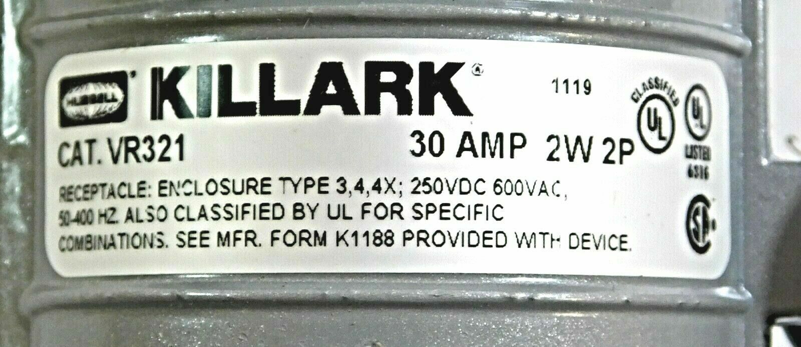 Killark VR321 Pin & Sleeve Receptacle 30A 600V Versamate Series8