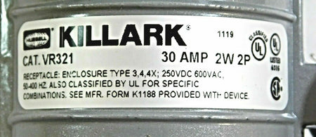 Killark VR321 Pin & Sleeve Receptacle 30A 600V Versamate Series8