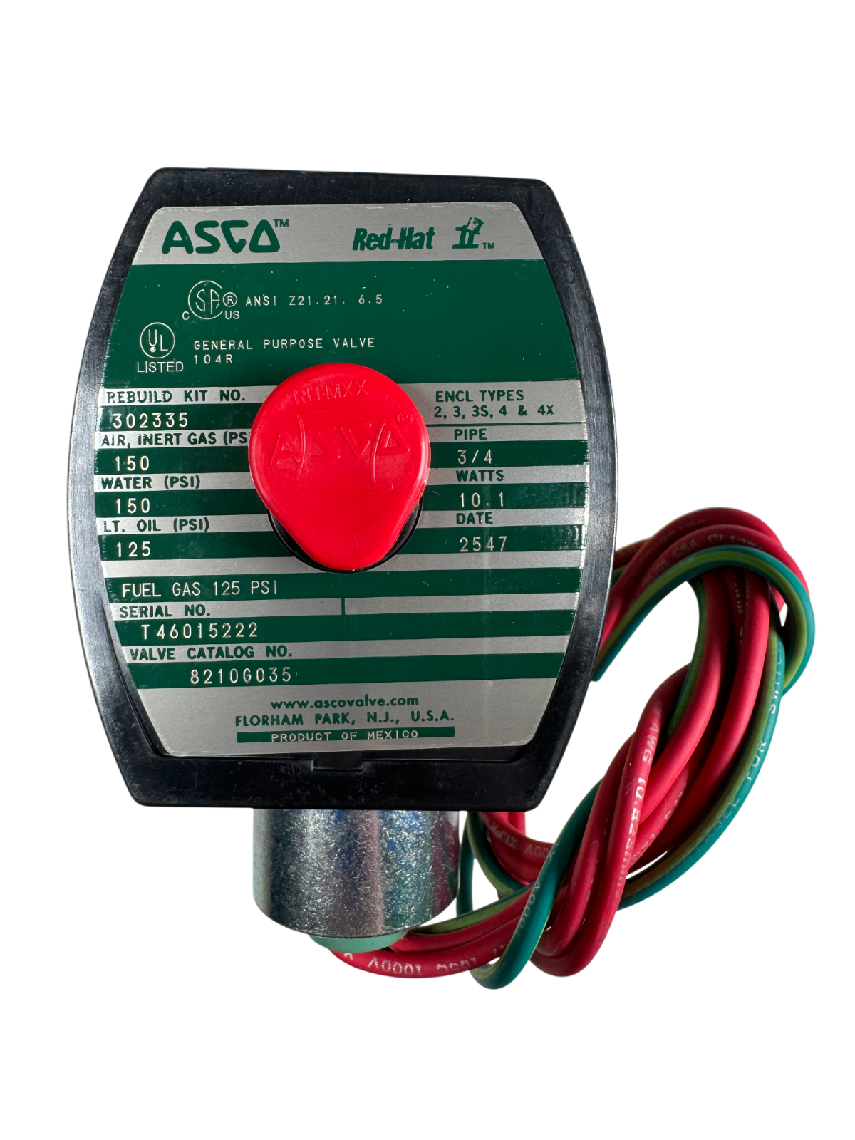 ASCO Redhat 8210G035 3/4" NPTF 110V/120VAC 50/60Hz 10.1W 2-Way Solenoid Valve1