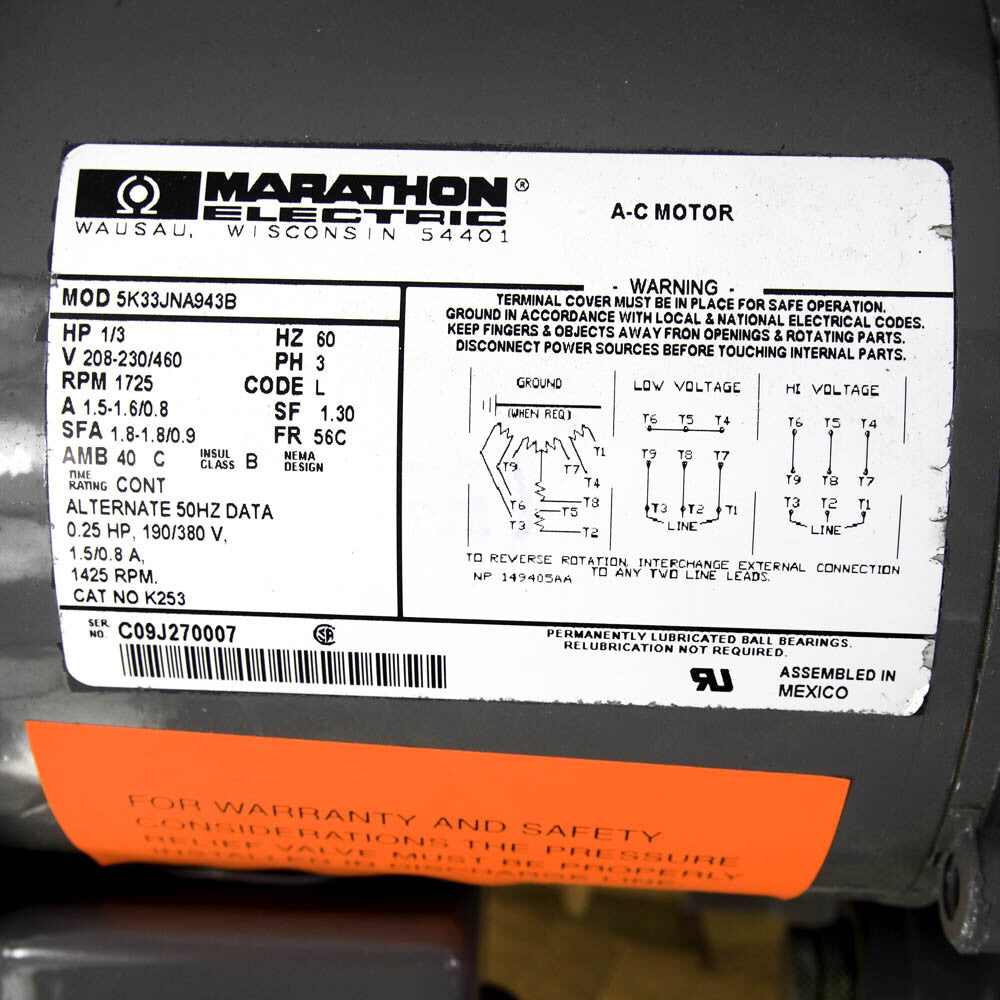 Marathon 5K33JNA943B 208-230/460V 3PH 1/3HP 60Hz 1725 RPM Gen Purpose Motor -3