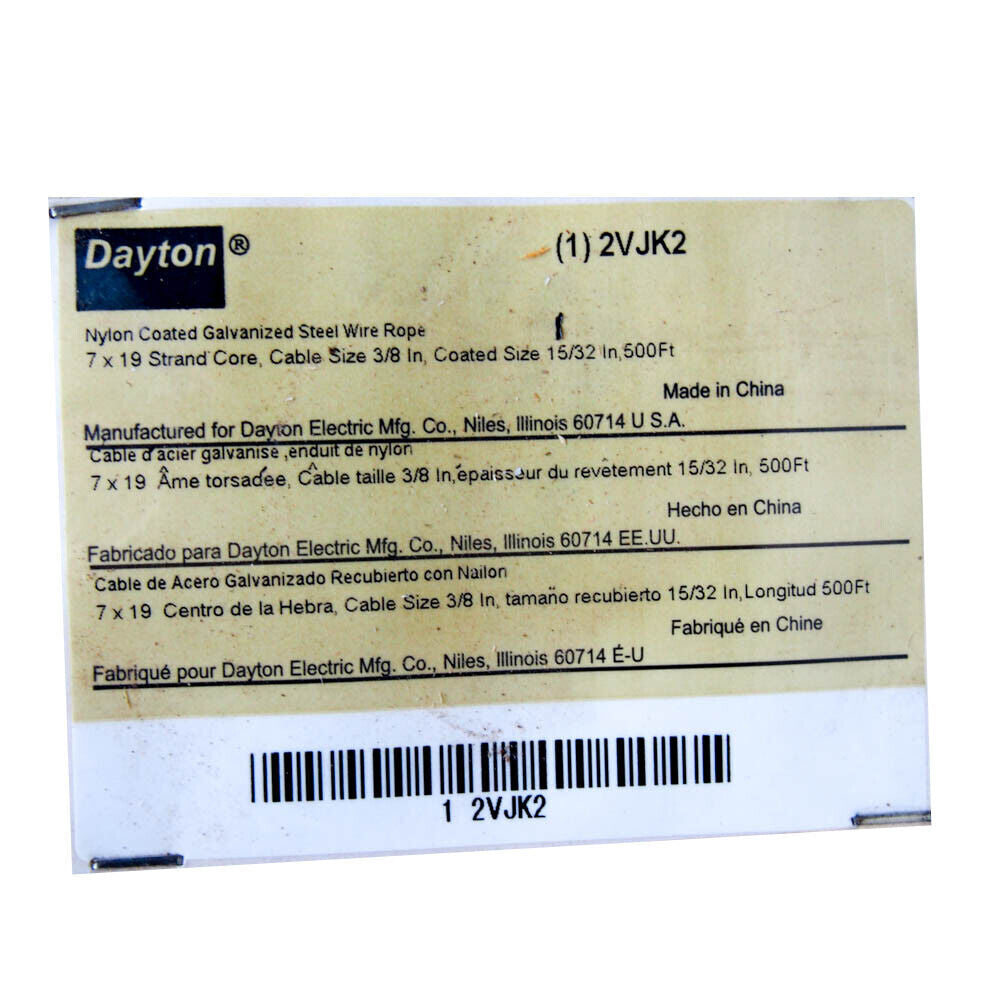 Dayton 2VJK2 Nylon Coated Galvanized Steel Cable 500 Ft x 3/8" Cable -1