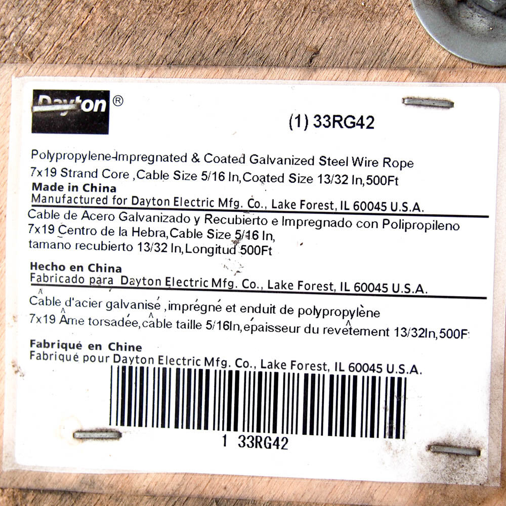 Dayton 33RG42 500 Ft Coated Galvanized Steel Wire Rope Cable 5/16" Cable Size -1