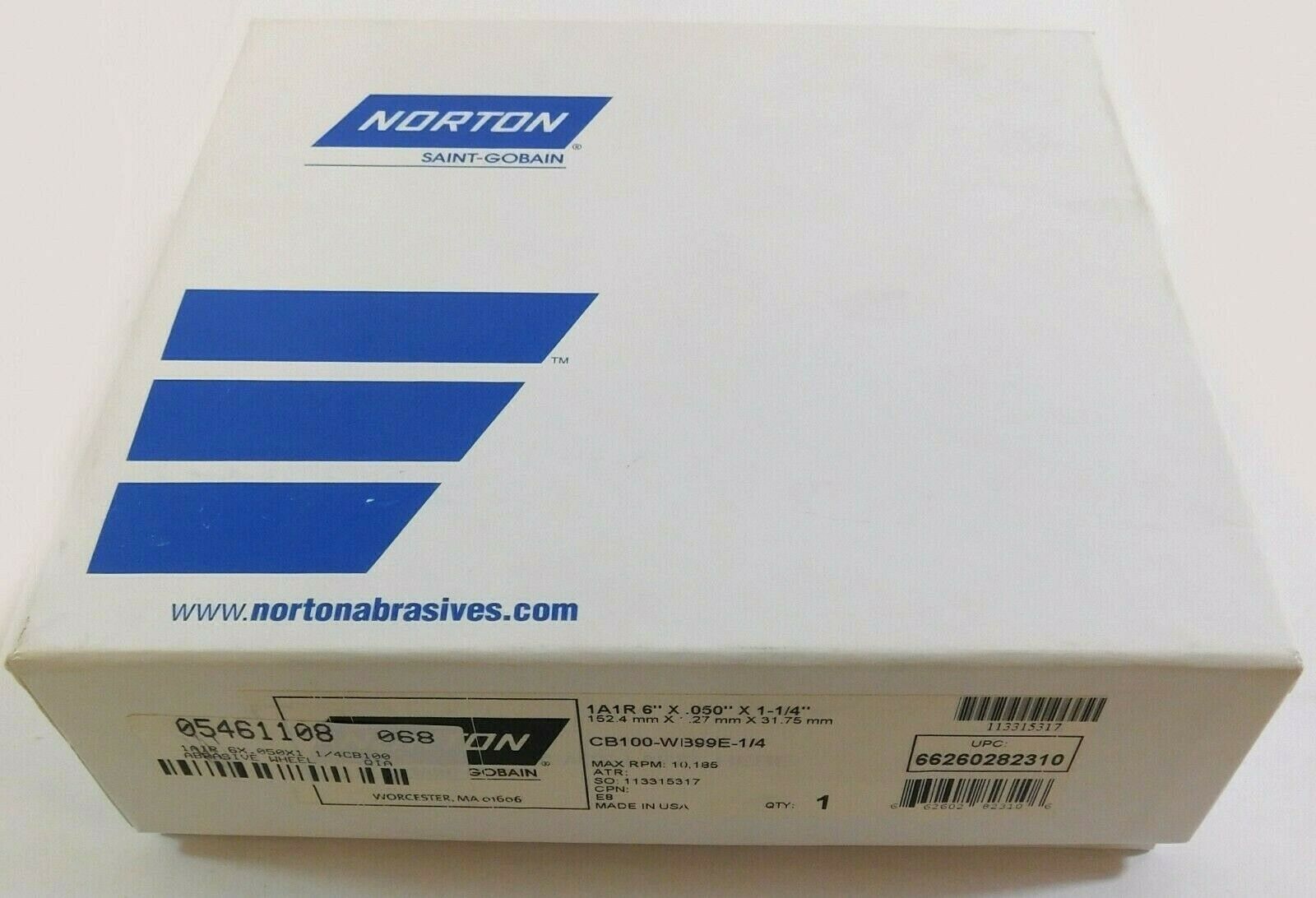 Norton 66260282310 Abrasive Wheel 1A1R 6" x 0.050" x 1-1/4" CB100-WB99E-1/44