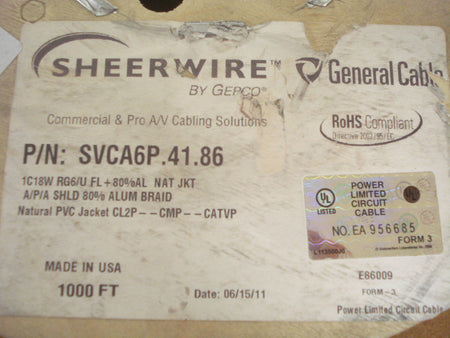General Cable RG 6/U Video Cable, 1000 Ft, 18AWG, White -1