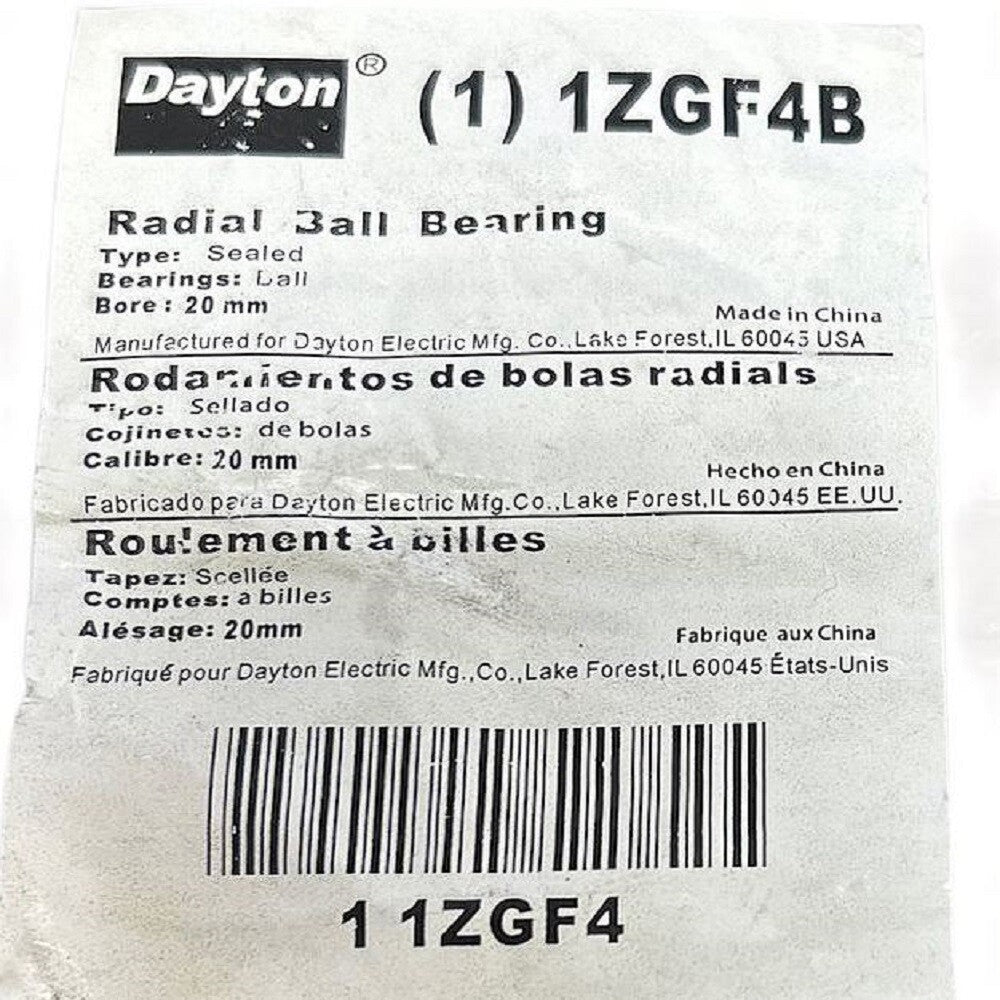 Dayton 1ZGF4 20 mm x 42 mm x 12 mm Double Shielded Radial Ball Bearing2