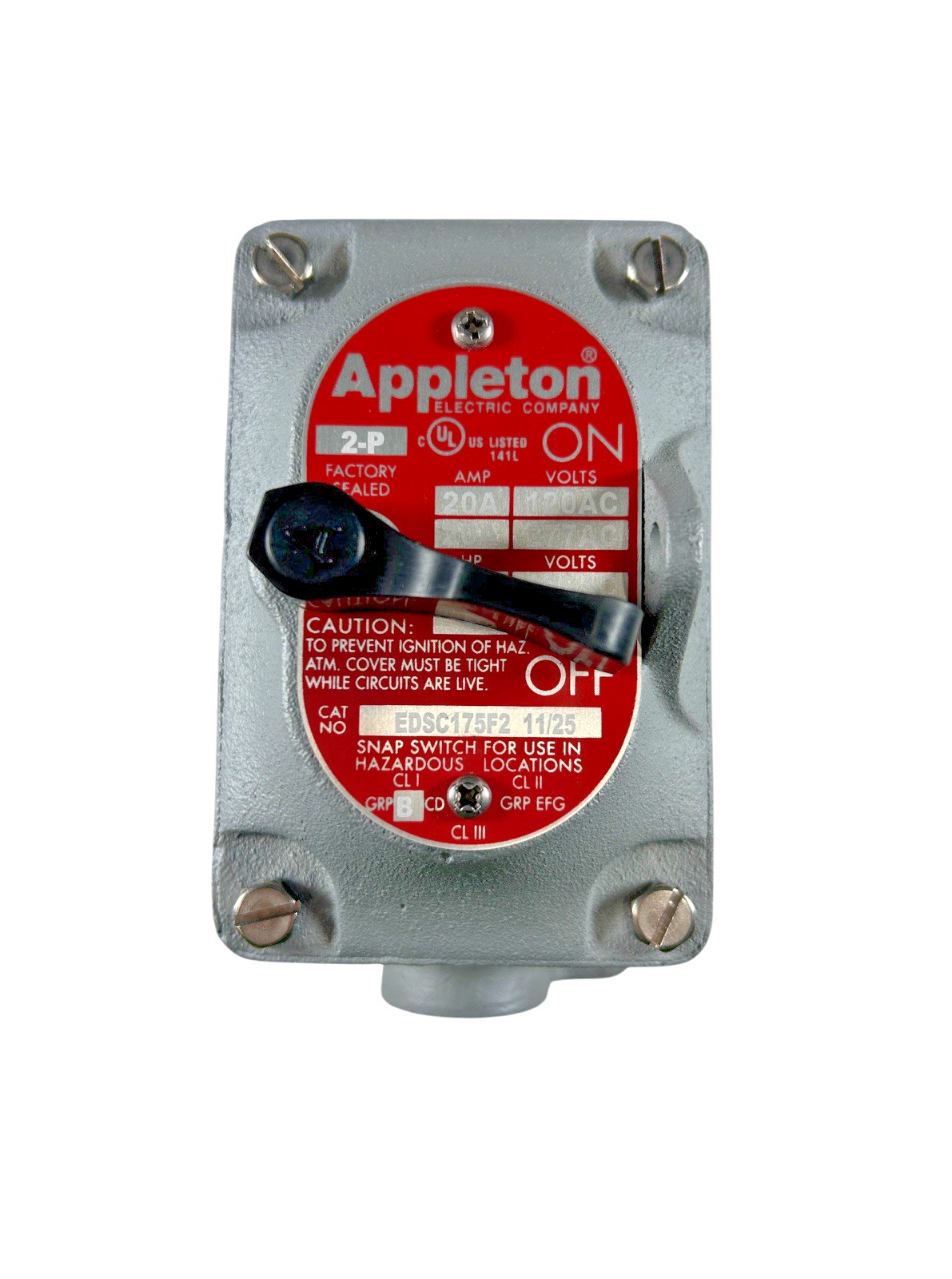 Appleton EDSC175F2 3/4" Hub Size 277VAC 20A 2P1 Gang Front Lever Tumbler Switch0
