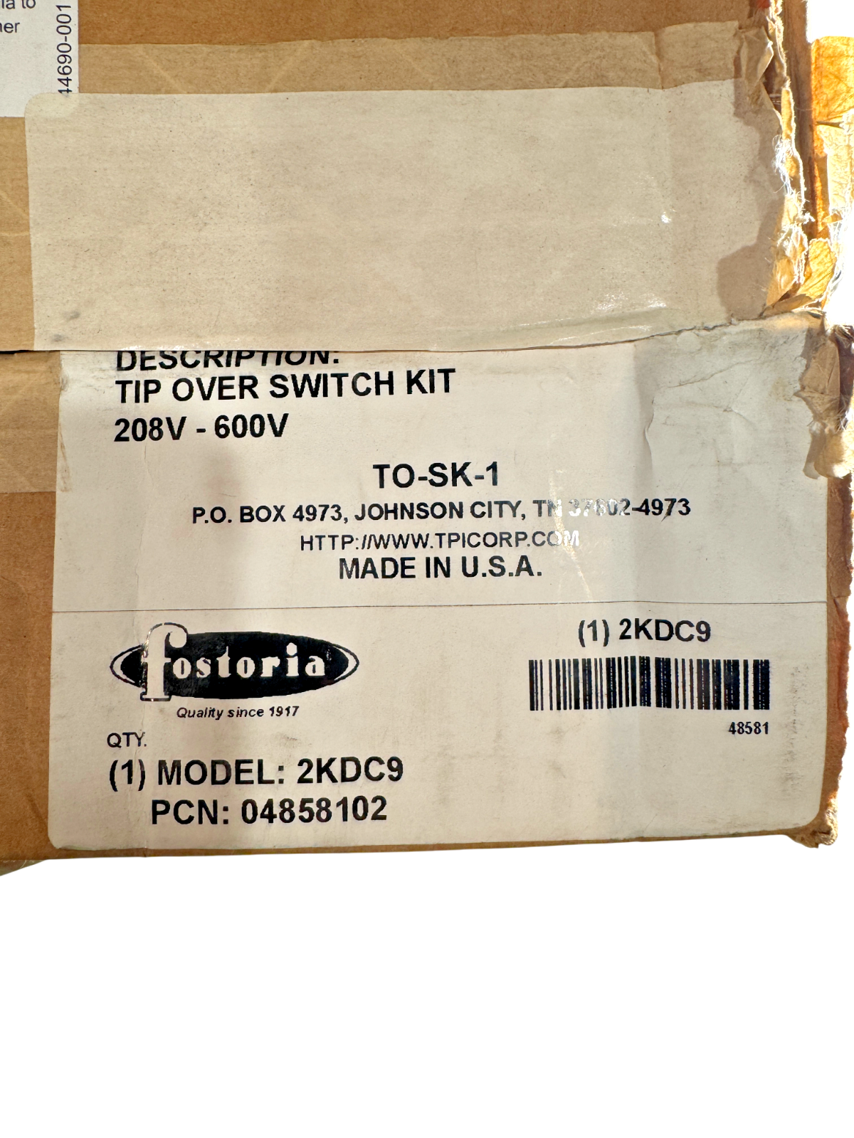 Fostoria TO-SK-1 208-600VAC 50A 1 or 3PH Aluminum Unit-Mounted Tip Over Switch3