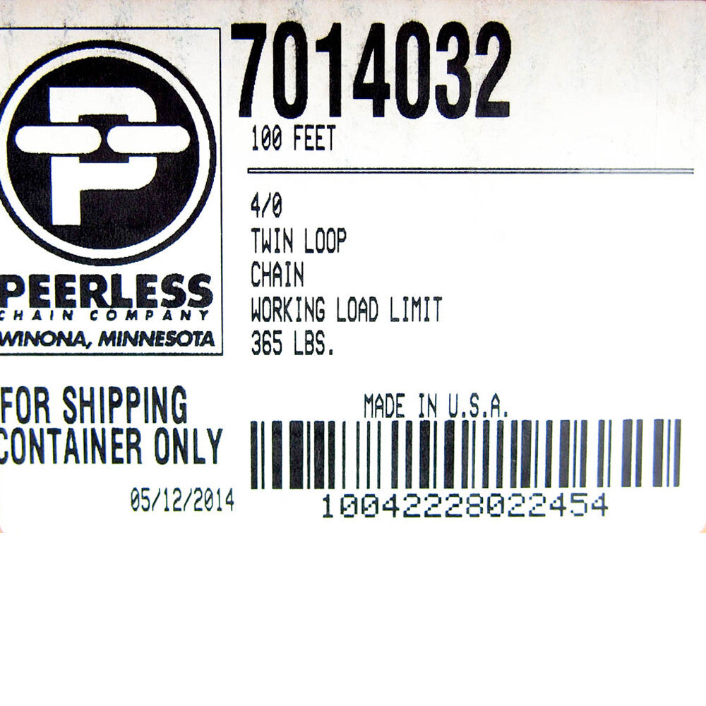 100-Ft Twin Loop Chain Weldless 4/0 Chain Size 365 lb.  Peerless 7014032 3