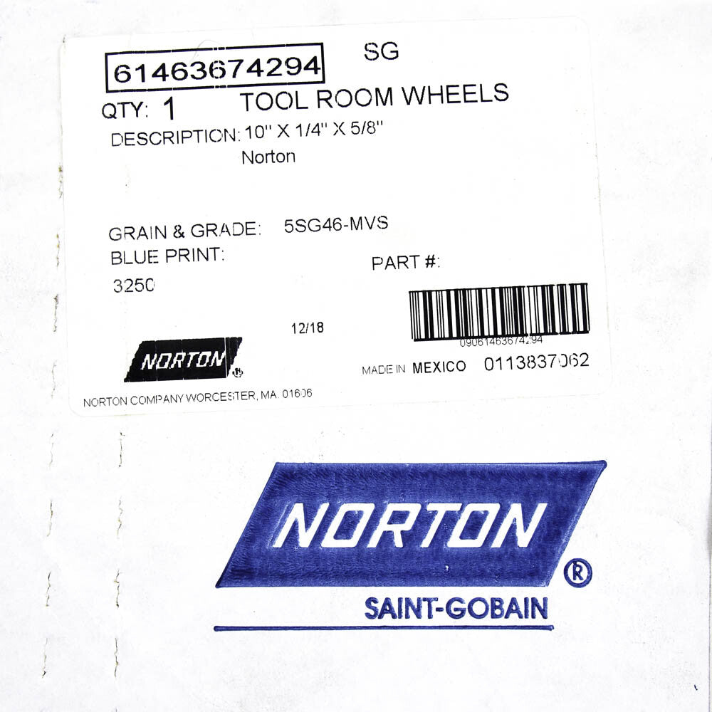 Norton 61463674294 10" x 1/4" x 5/8" Grinding Wheel 3,250 Max RPM3