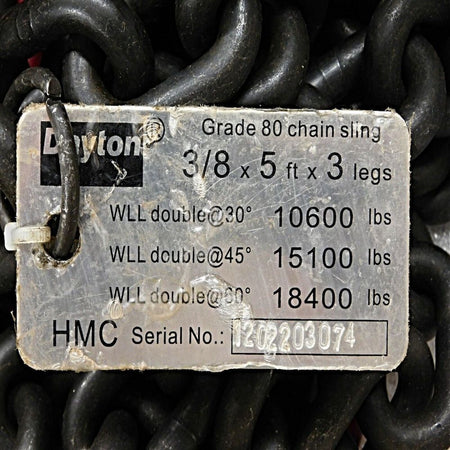 Dayton 2UKF6 3/8" x 5' G80 Alloy Steel Oblong Link 3 Hook Chain Sling1