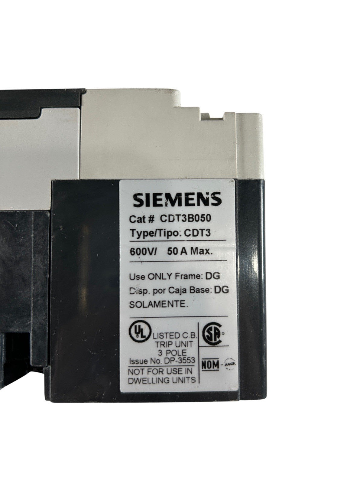 Siemens CDT3B050 600VAC 3-Pole 50A DG Frame Thermal Magnetic Breaker Trip Unit1