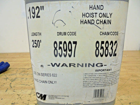 CM 85832 Hand Chain, 250 Ft, .192" Diameter, For use with 622 Hoist -0