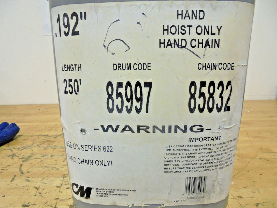 CM 85832 Hand Chain, 250 Ft, .192" Diameter, For use with 622 Hoist -0