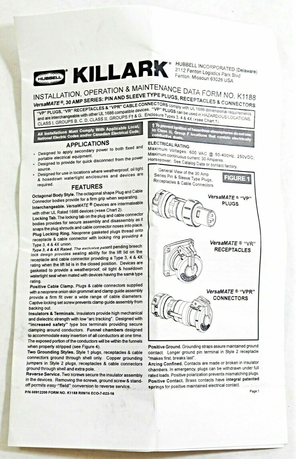 Killark VR321 Pin & Sleeve Receptacle 30A 600V Versamate Series9
