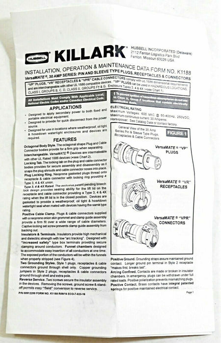 Killark VR321 Pin & Sleeve Receptacle 30A 600V Versamate Series9
