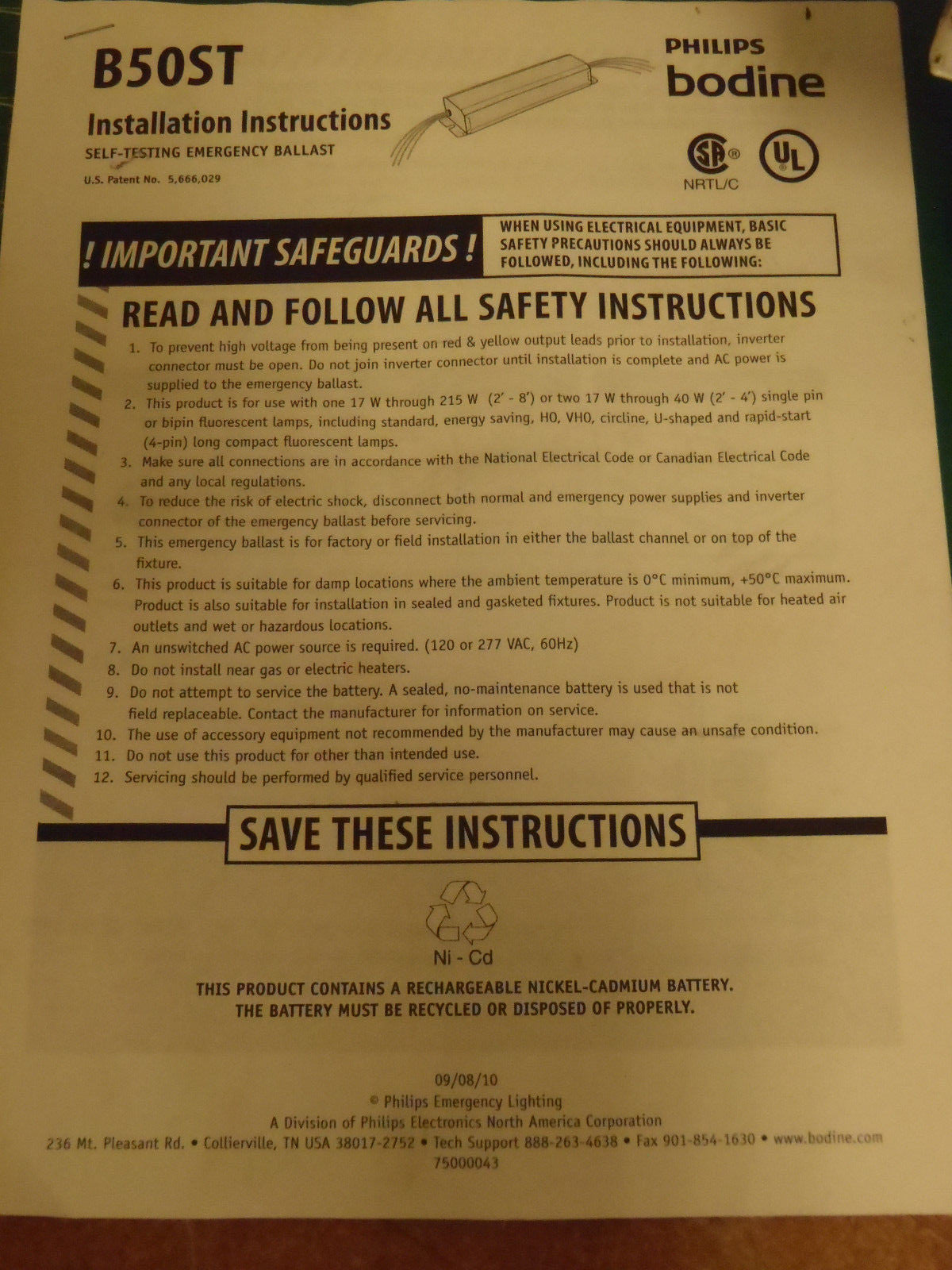 H.E. Williams Recessed Fixture Phillips Bodine Emergency Ballast B94G -11