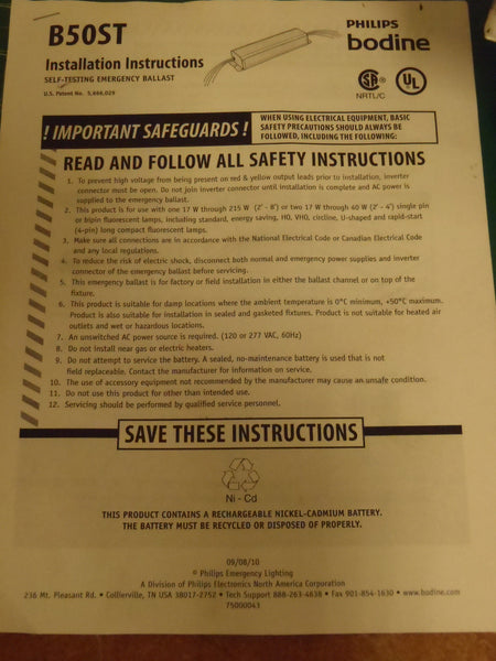 H.E. Williams Recessed Fixture Phillips Bodine Emergency Ballast B94G -11