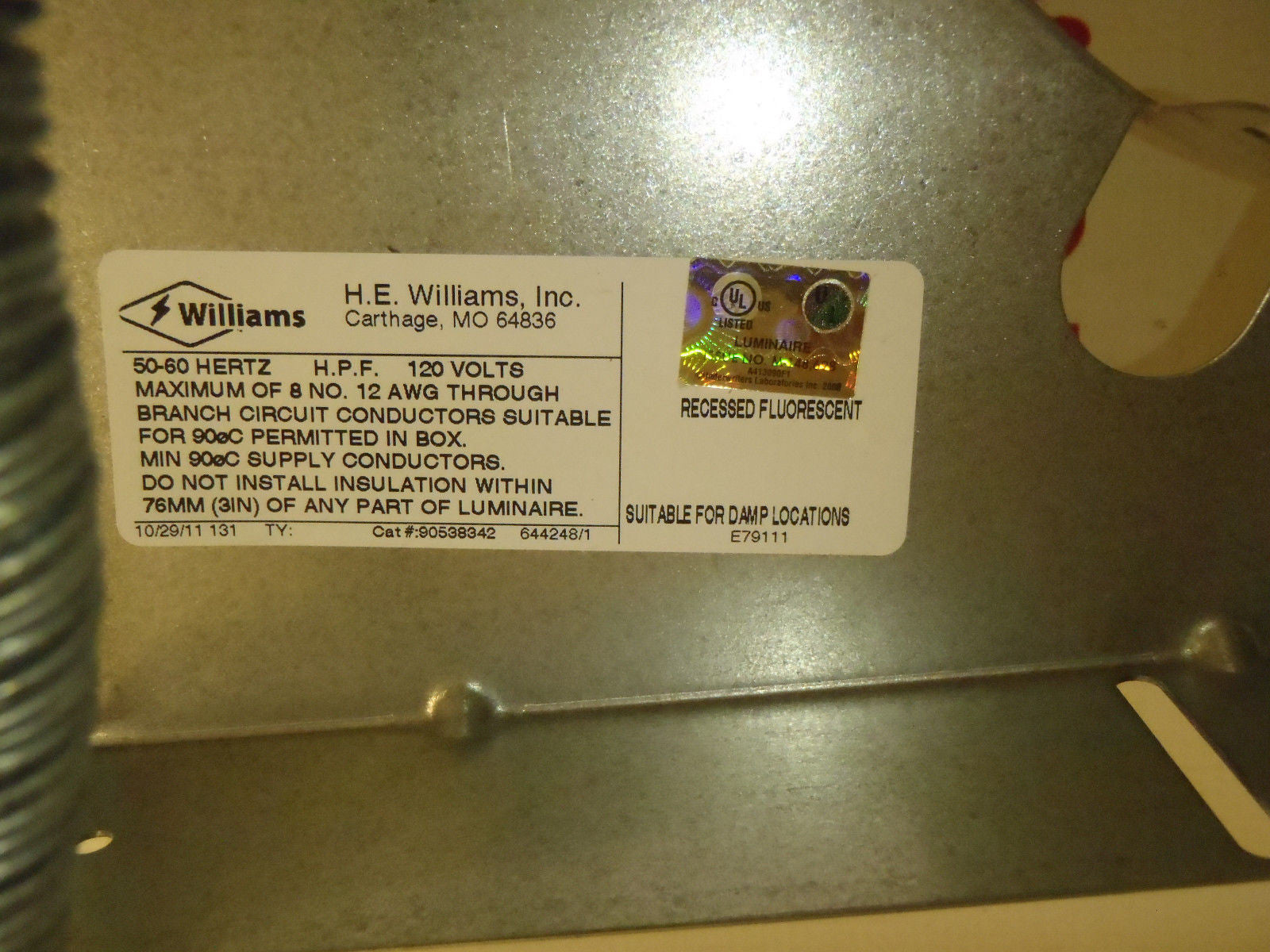 H.E. Williams Recessed Fixture Phillips Bodine Emergency Ballast B94G -6